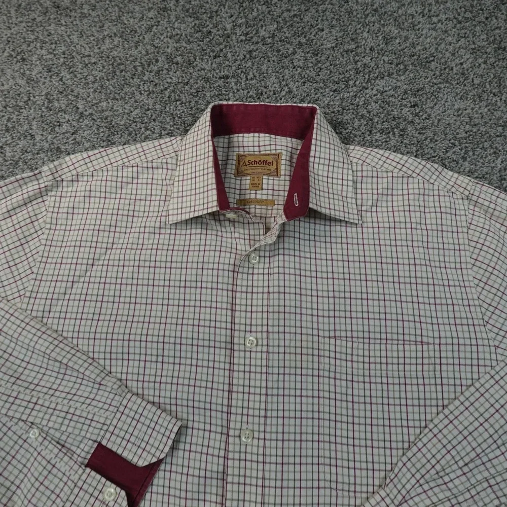 Schoffel Shirt Mens XL Beige Red Tattersall Check Classic Fit Button Up Casual